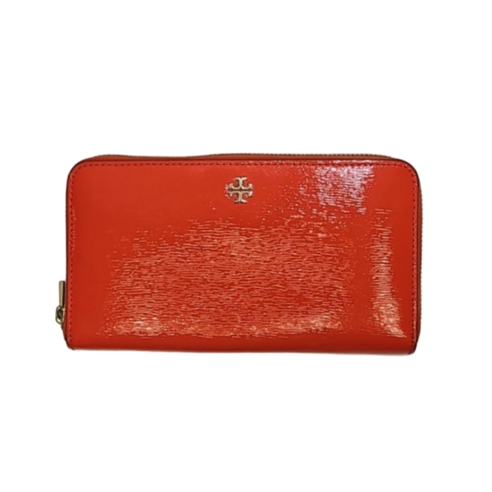 Tory Burch Robinson patent leather orange zip around wallet women's